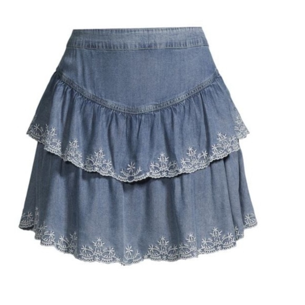 Driftwood Chambray Embroidered Ruffle Skirt, size S NWT